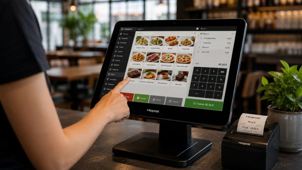 Terminal Hiopos en un restaurante mostrando la gestión de pedidos y cobro desde un TPV moderno.